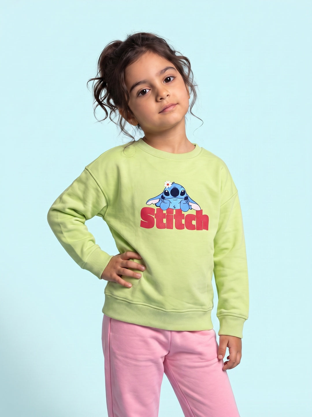 Nautinati Girls Disney Lilo & Stitch Oversized Puff Printed Sweatshirt and Jogger Set