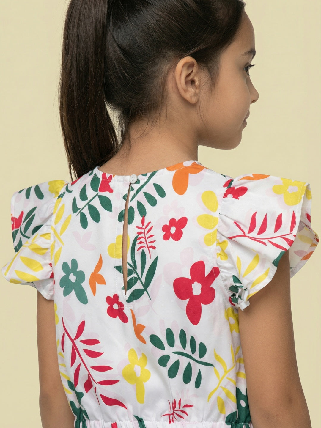 Nautinati Girls Tropical Floral Print Regular Fit Cap Sleeve Crop Top with Wide Legged Pants Co-ord Set
