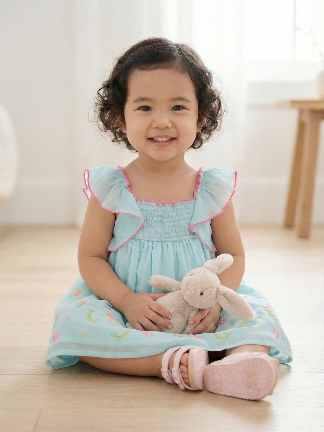 Nautinati Girls' Georgette Floral Embroidered Smocked A-Line Dress