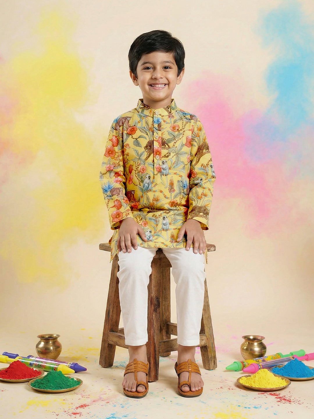 Boys' 100% Cotton Festive Forest-print Resort Style Kurta & Pyjama Set