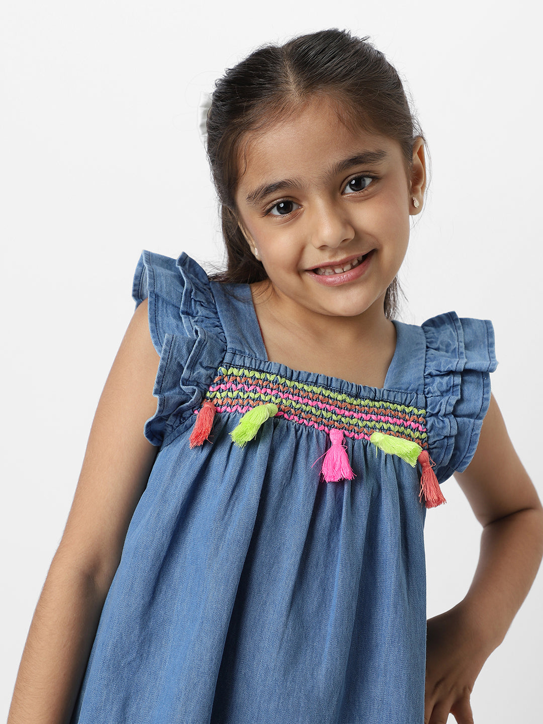 Nautinati Girls Embroidered Taselled Sleeveless Casual Wear Denim Dress