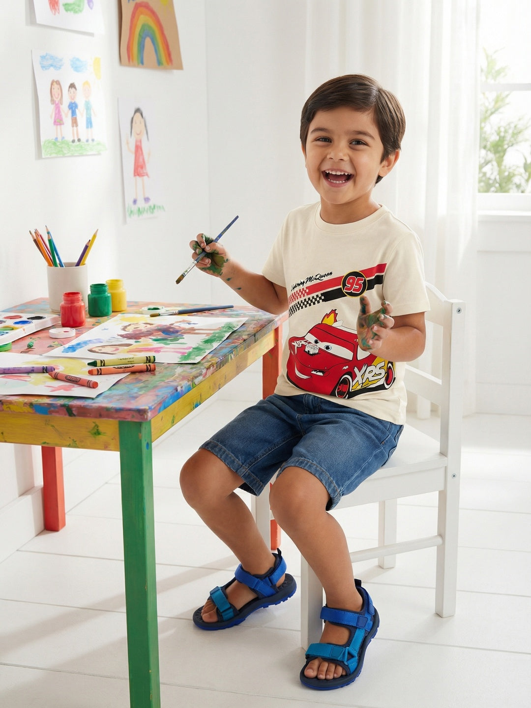 Nautinati Boys' 100% Cotton Crew Neck Disney Cars Placement Print T-shirt