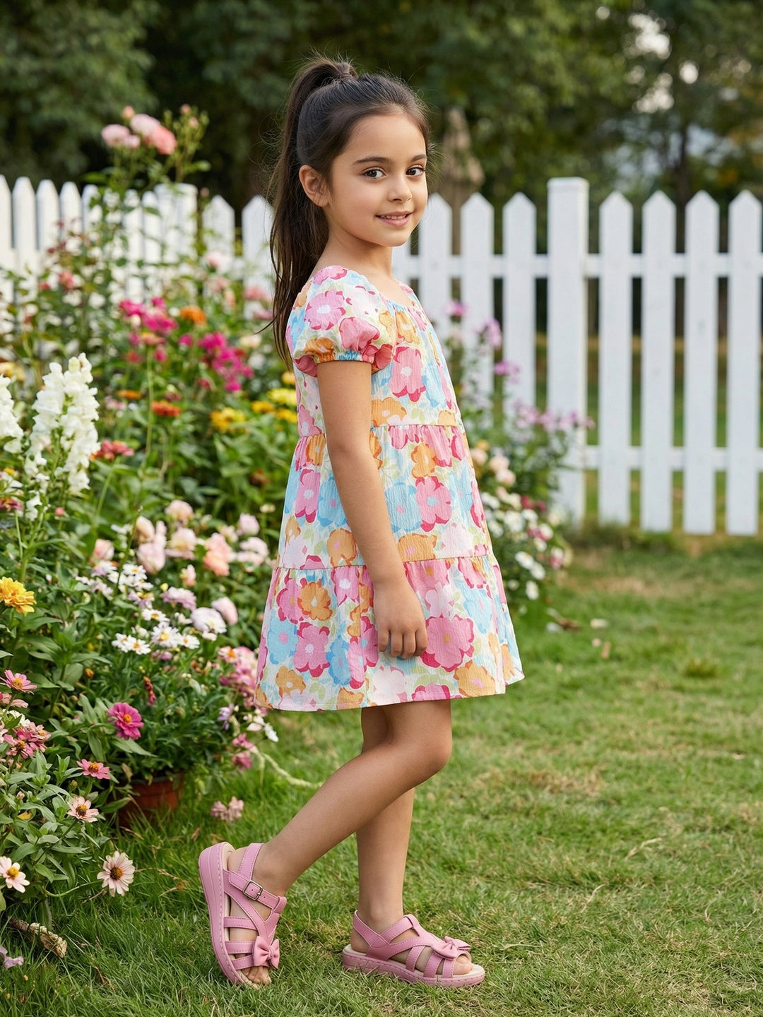 Nautinati Girls' Multicolour Floral Fit & Flare Dress with Puff Sleeves