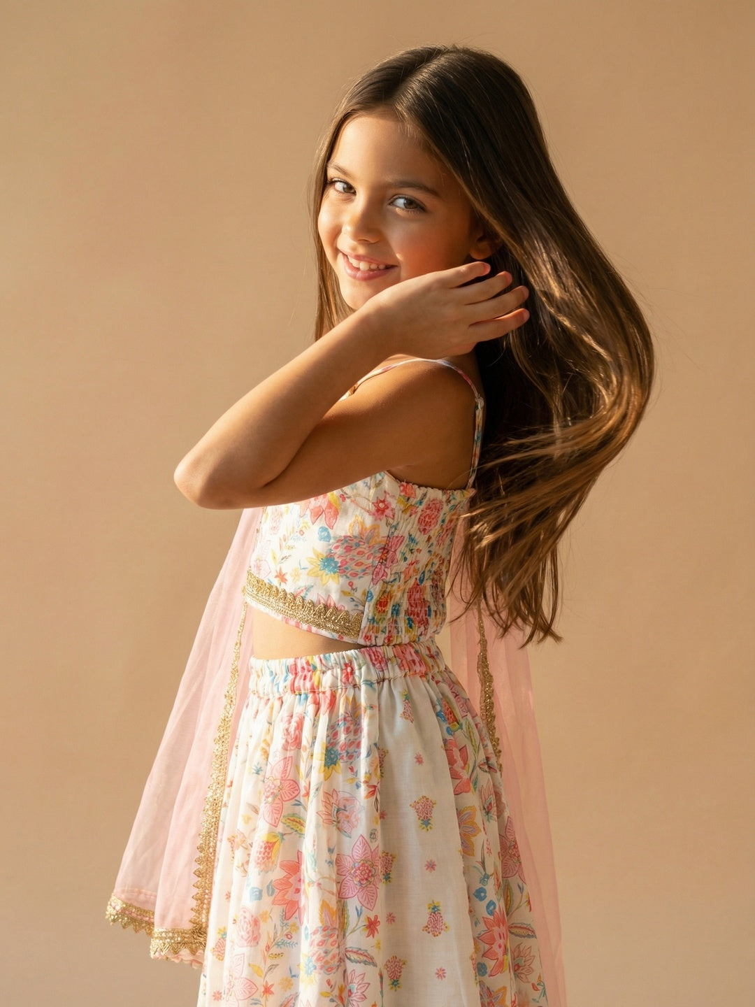 Nautinati Girls' Cotton Blend Woven Festive Floral Print Lehenga & Choli Set