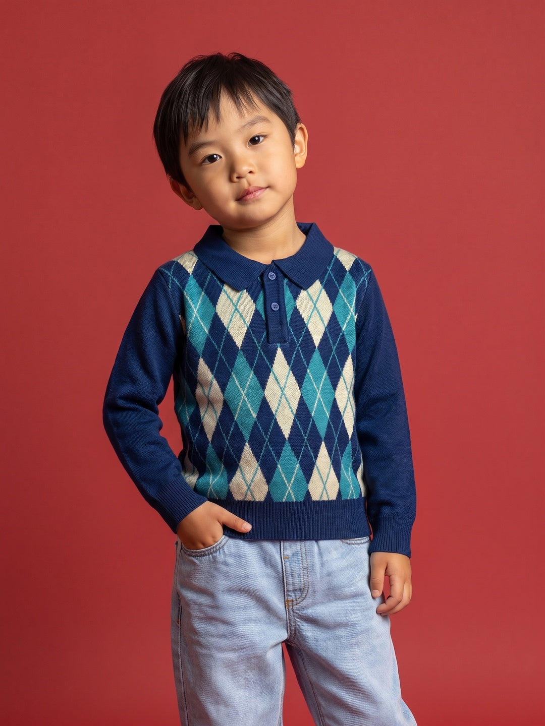 Nautinati Boys Relaxed Fit Full Sleeves Argyle Polo Knit Sweater