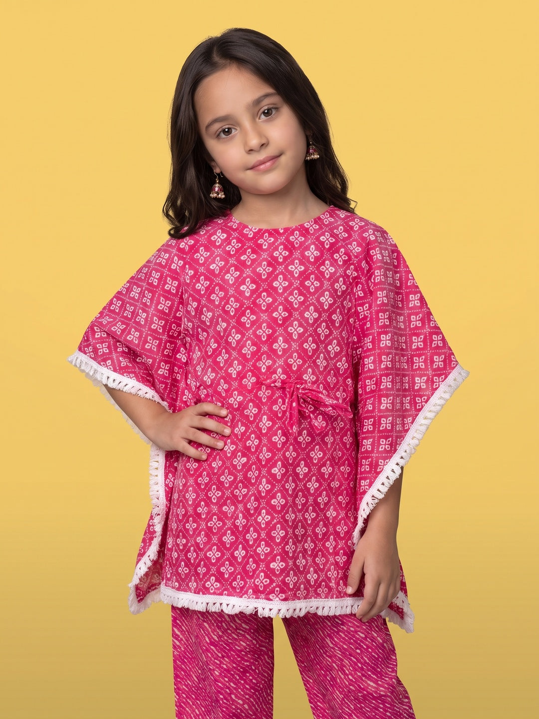 Nautinati Girls Pink Block Print Kaftan and Palazzo Set, 2-10Y