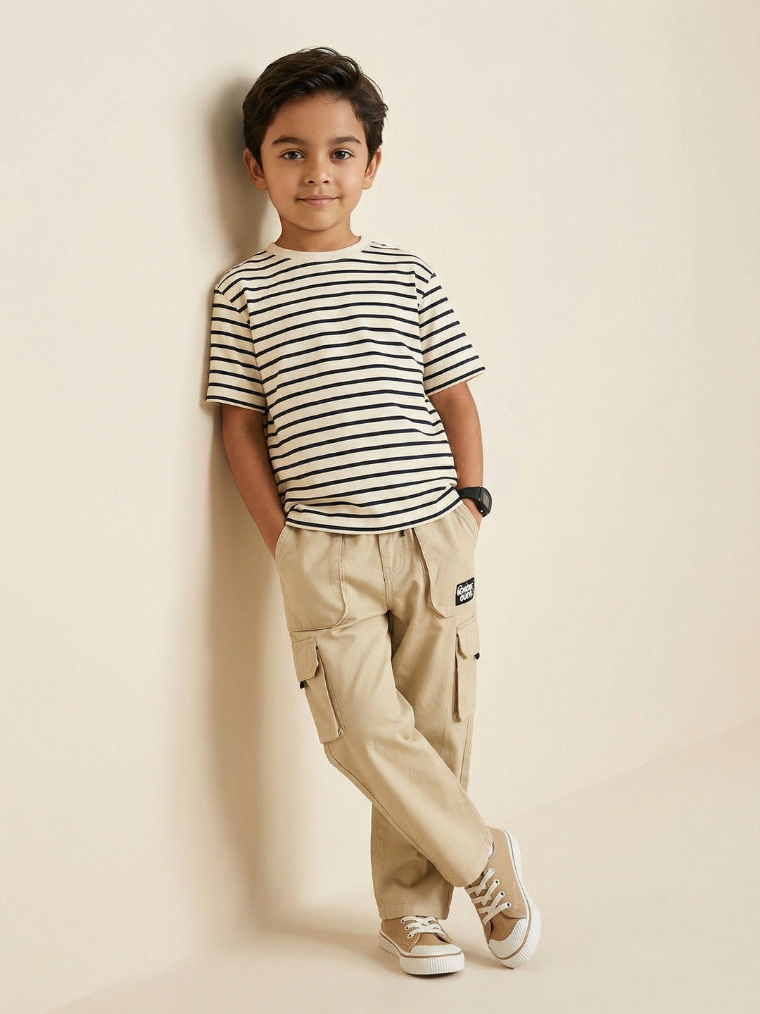 Nautinati Boys 100% Cotton Regular Fit Solid  Woven Cargo Pants with Badge