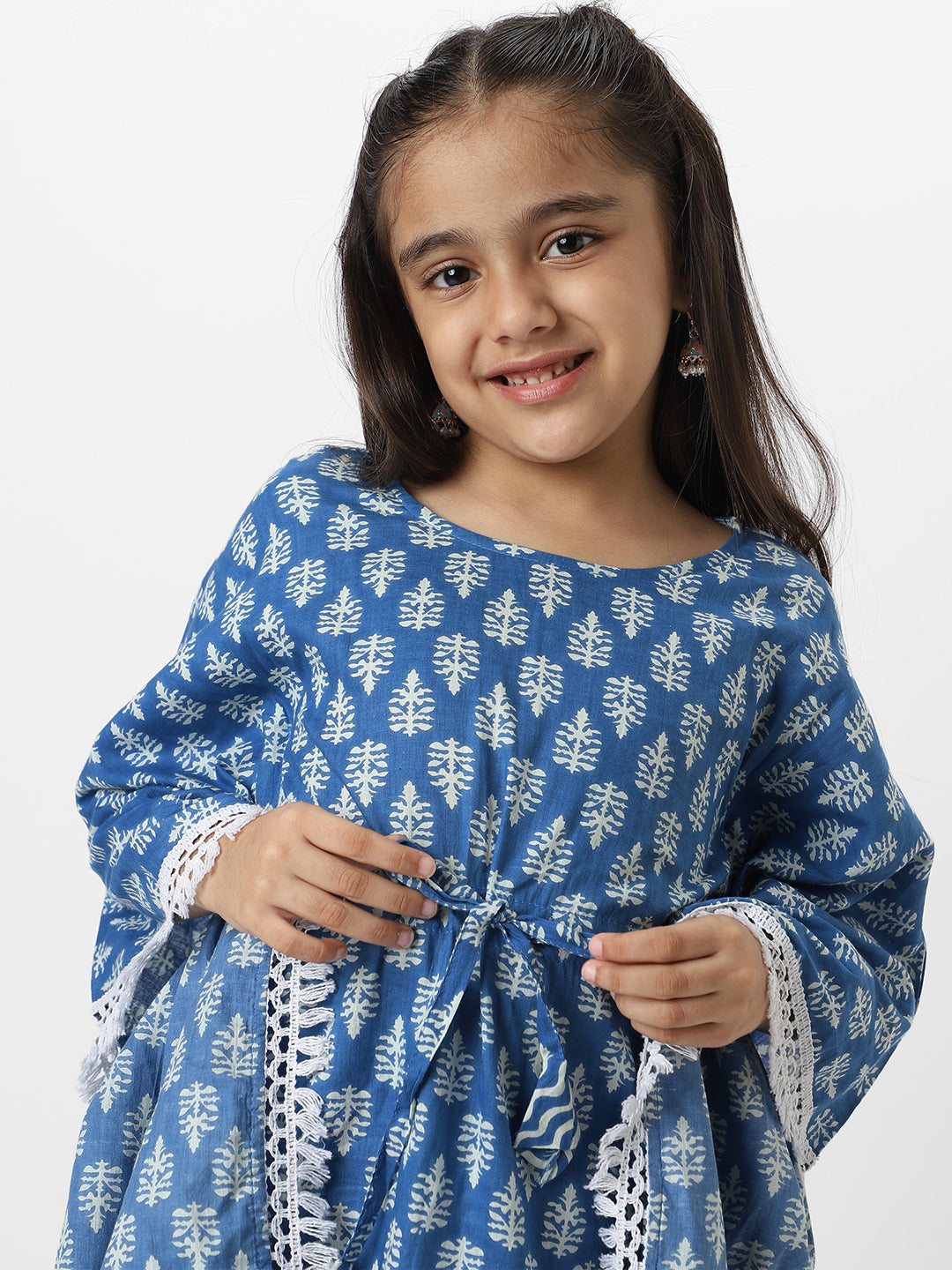 Nautinati Girl's Block Printed Blue Kaftaan Ethnic Set