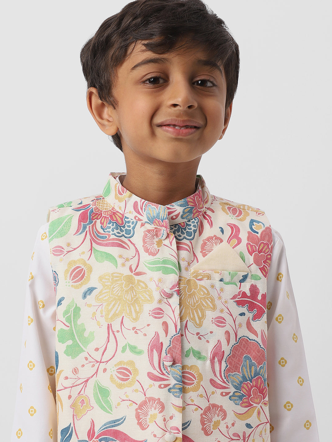 Nautinati Boys Cotton Sewn on Pocket Square Kurta Set with Printed Nehru Jacket