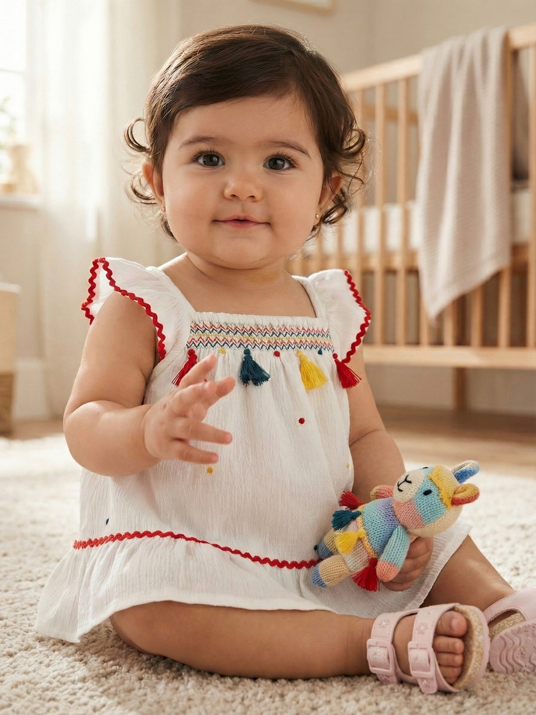 Nautinati Girls' A-line Polka Dot Embroidered Dress with Multicolour Tassels & Smocked Neck