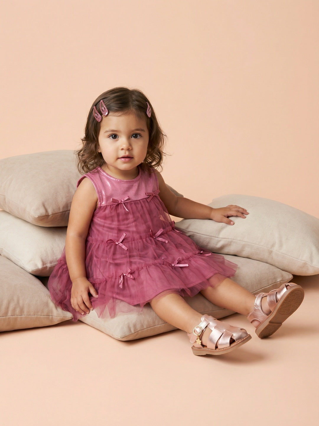 Nautinati Baby Girls' A-line Tiered Mesh Solid Party Dress with Bows & Cotton Lining