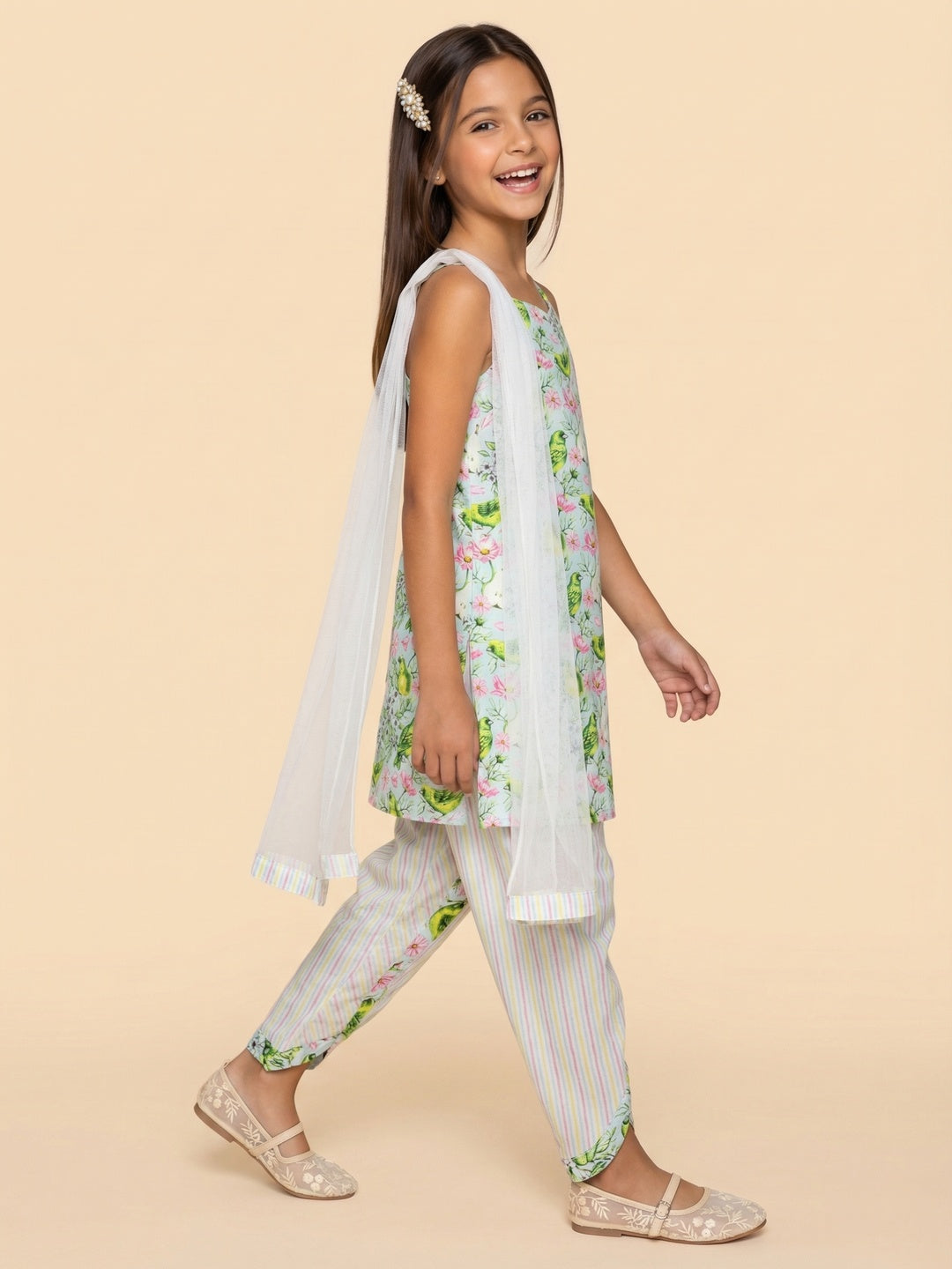 Nautinati Girls' Cotton Blend Festive Chintz Floral Kurti with Striped Dhoti Pants