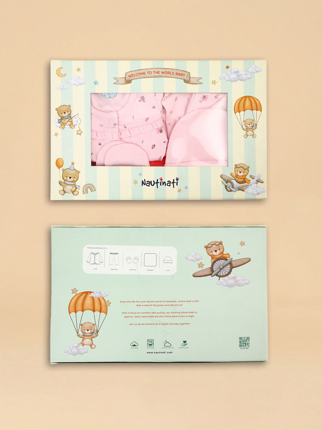 Nautinati Baby Girls' 100% Interlock Cotton Baby Pink & Red Graphic Printed 6-pieces Gift Set