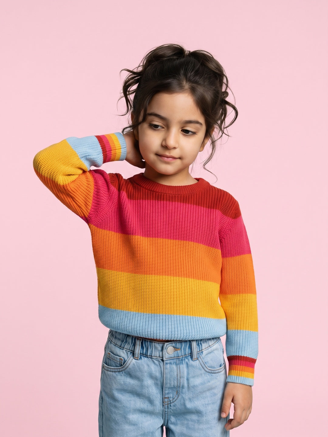 Nautinati Girls Relaxed Fit Rainbow Striped Chunky Knit Sweater