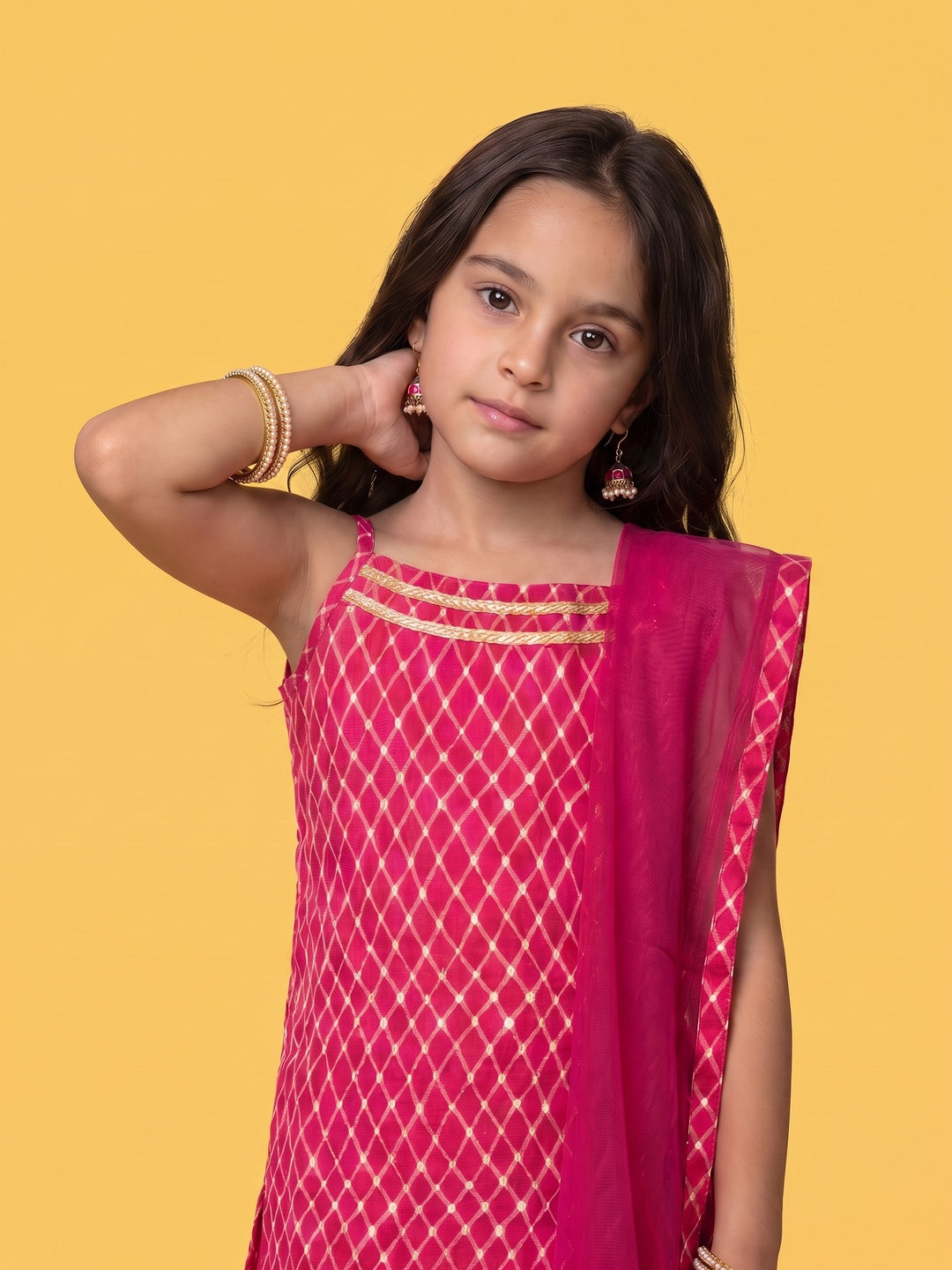 Nautinati Girls Pink Checks Kurti and Sharara Set, 2-10Y
