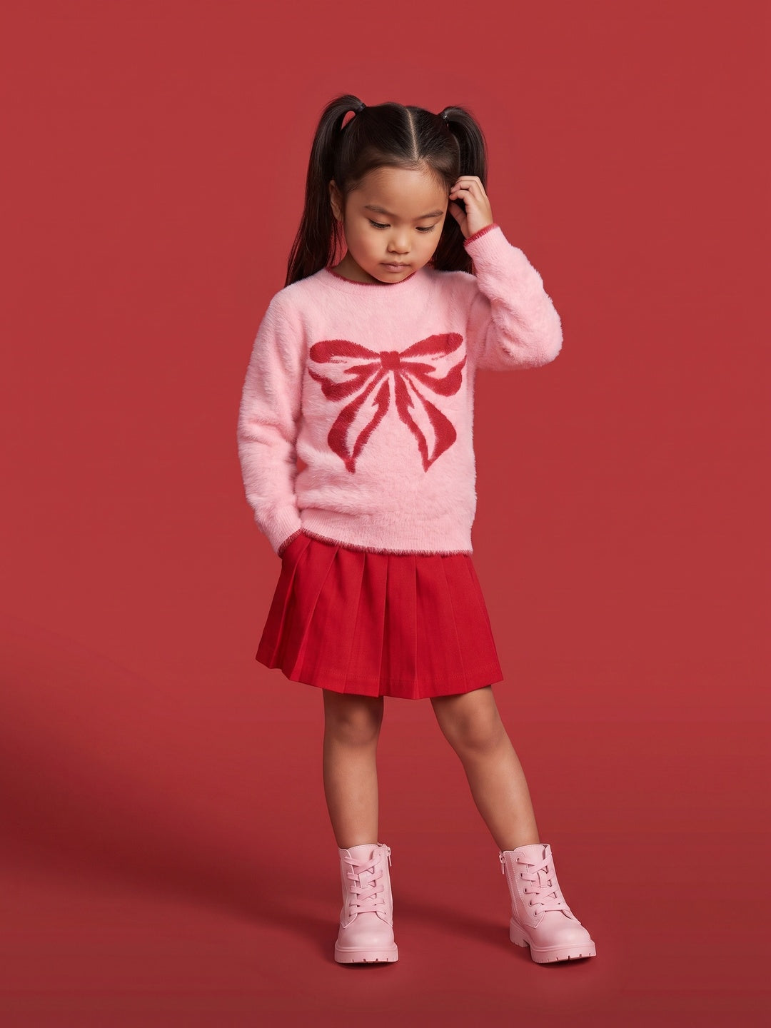 Nautinati Girls Relaxed Fit Fuzzy Bow Knit Sweater with Round Neck and Full Sleeves