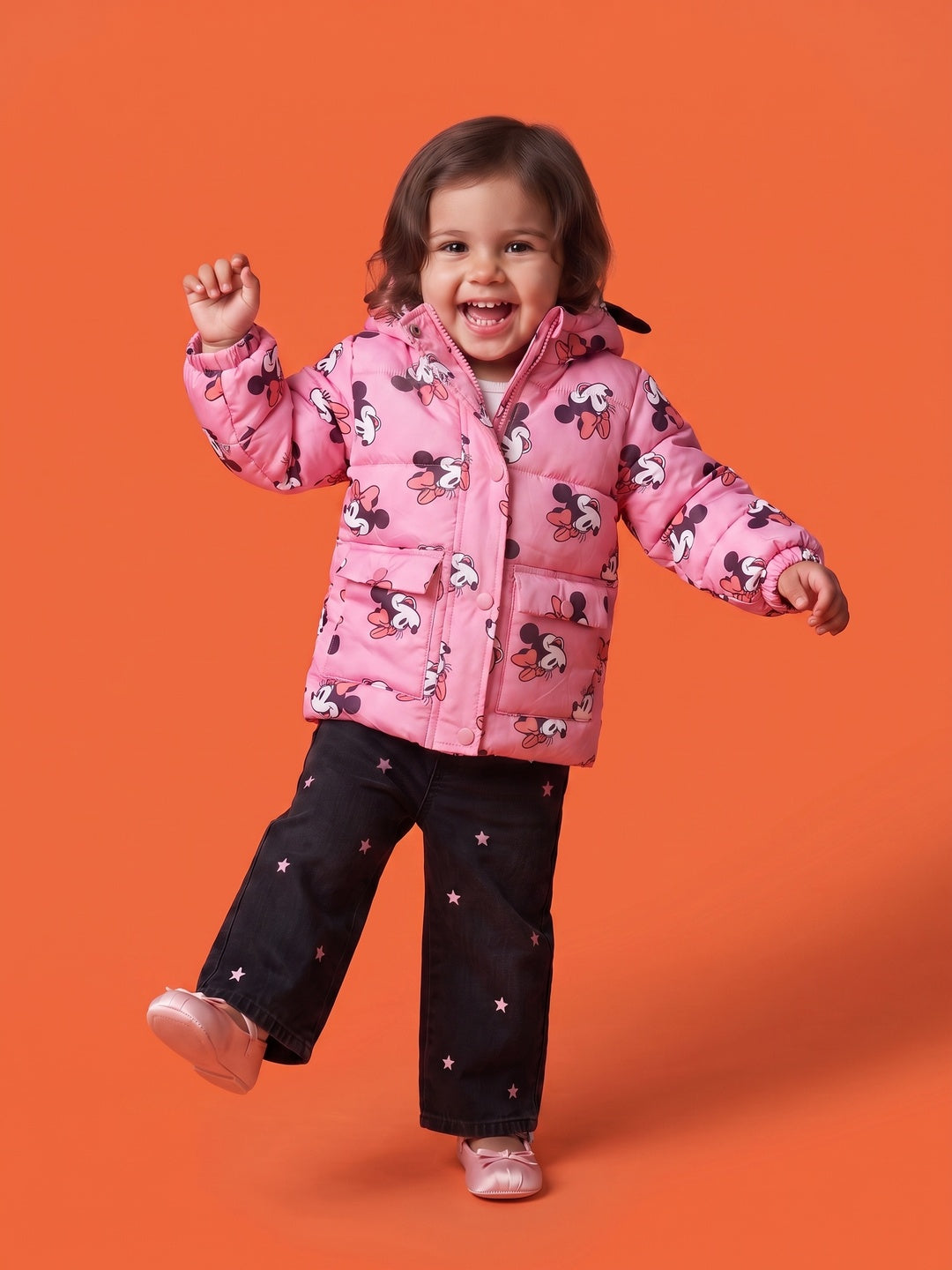 Nautinati Baby Girls Disney Minnie Mouse Regular Fit Hooded Puffer Jacket Front Zip