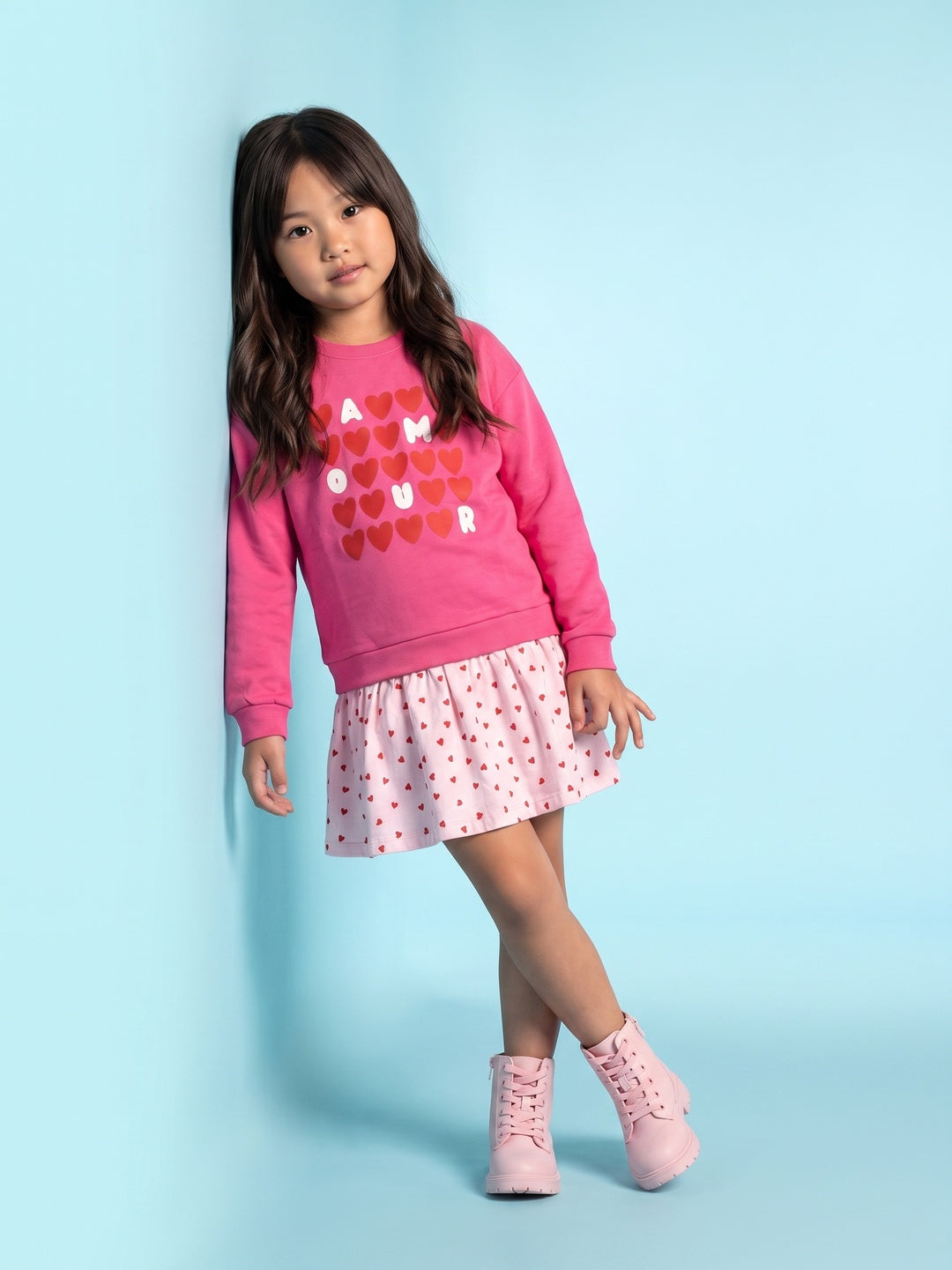 Nautinati Girls Oversized Varsity Puff Printed Sweatshirt Dress with Heart All-Over Print