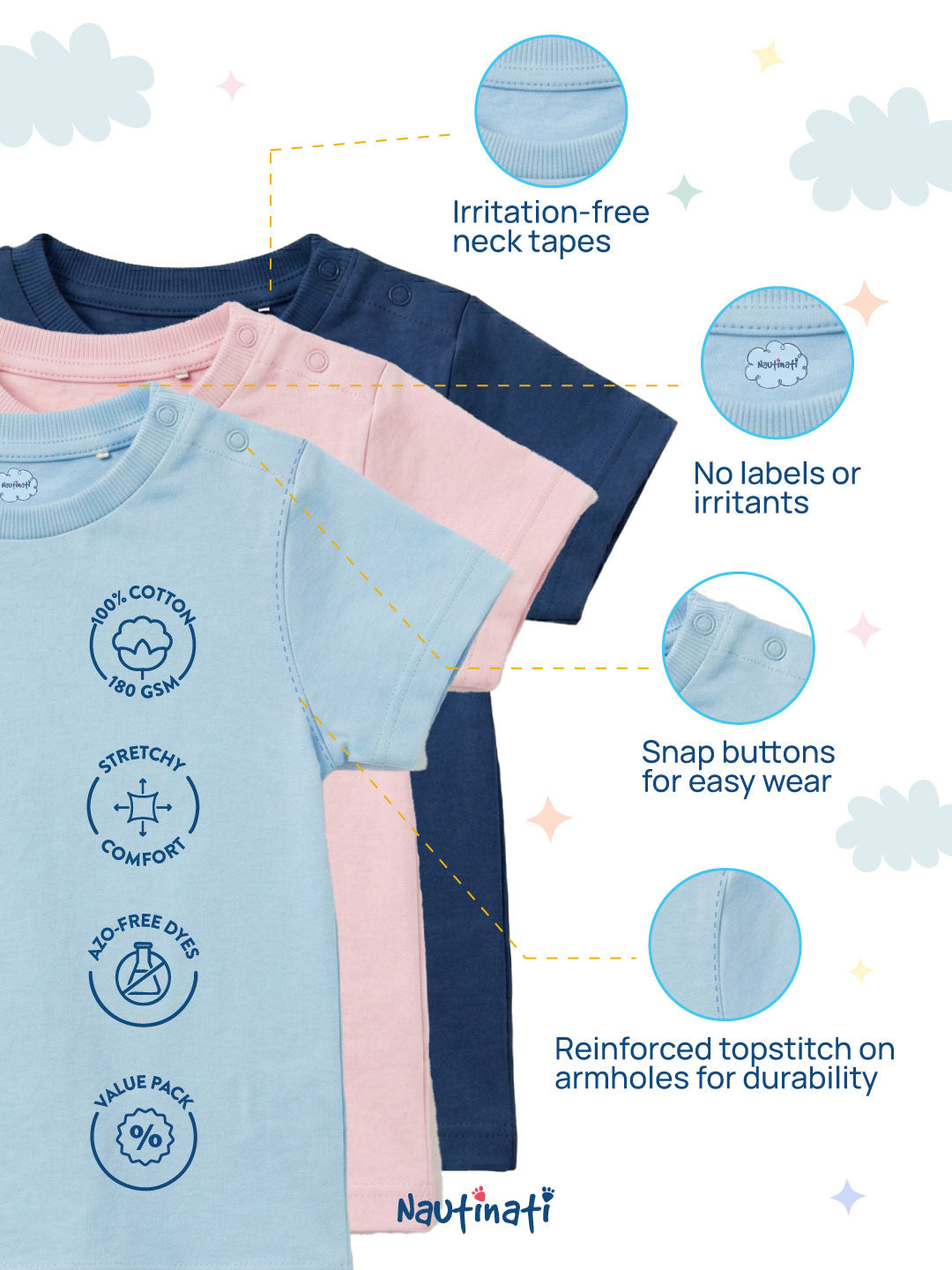 Nautinati Boys' Pack of 3 Cotton Sea Animal Printed T-shirts