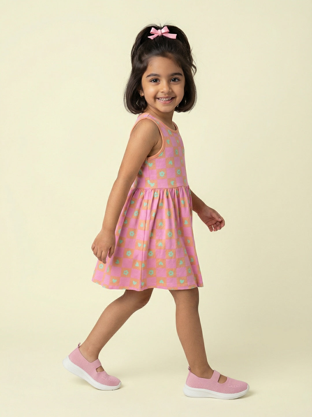 Nautinati Girls' 100% Cotton Pack of 2 Fit & Flare Dresses with Cat Graphic & Floral, Heart All-over Print