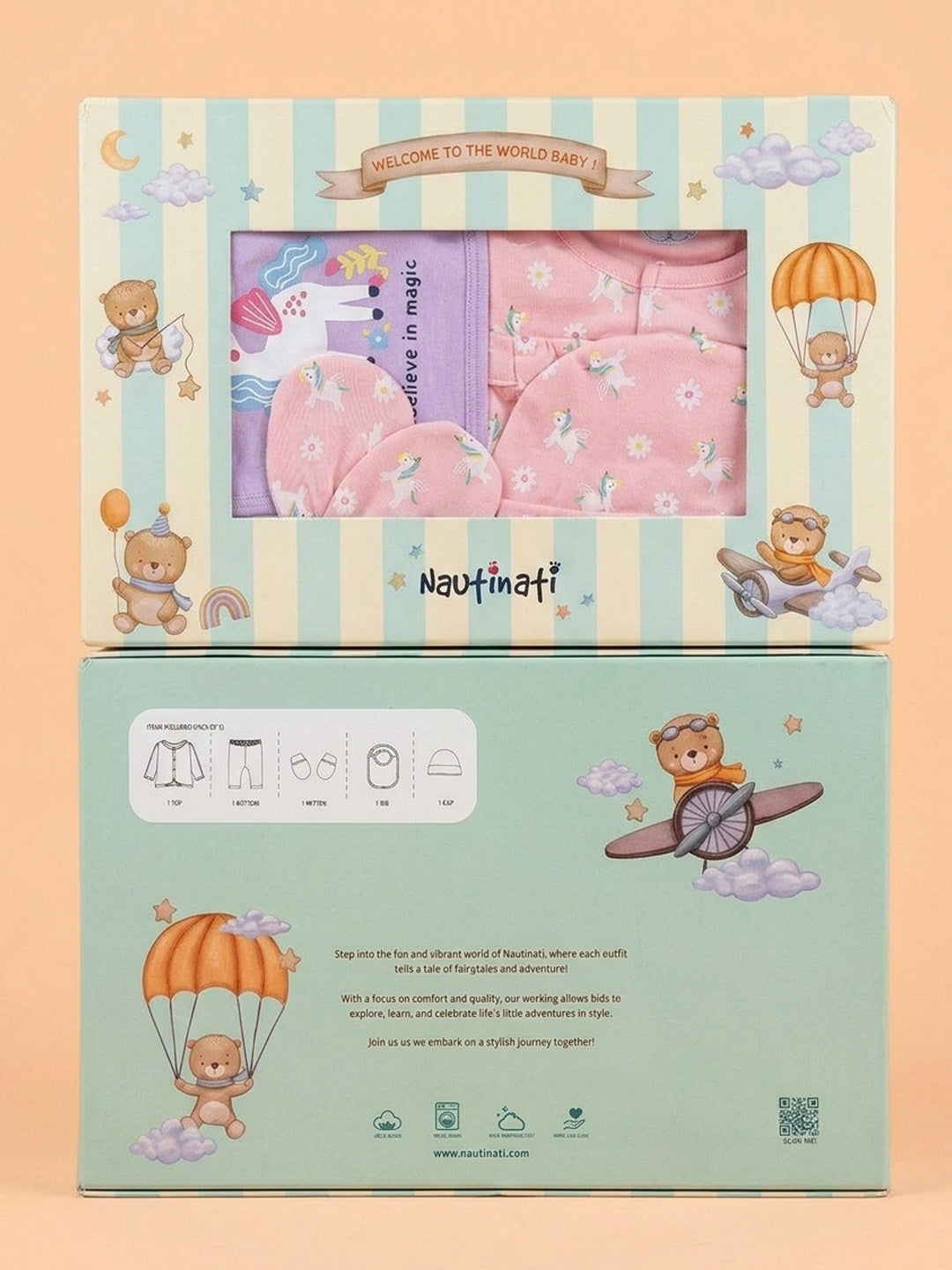 Nautinati Baby Girls Pure Cotton Summer themed Printed 5-pieces Gift Set