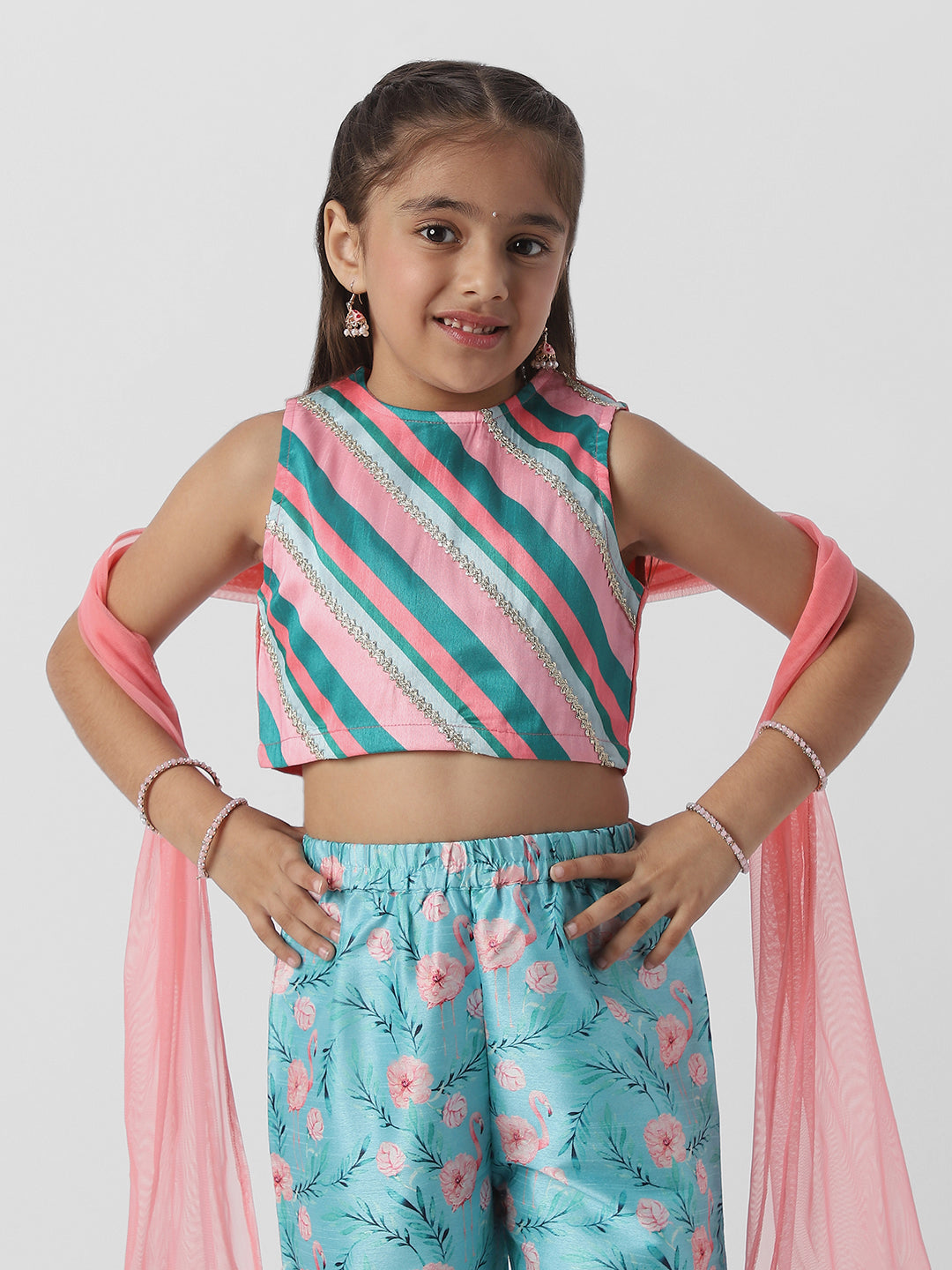 Nautinati Girlsâ€™ Striped Sleeveless Top and Printed Straight Pants with Net Dupatta