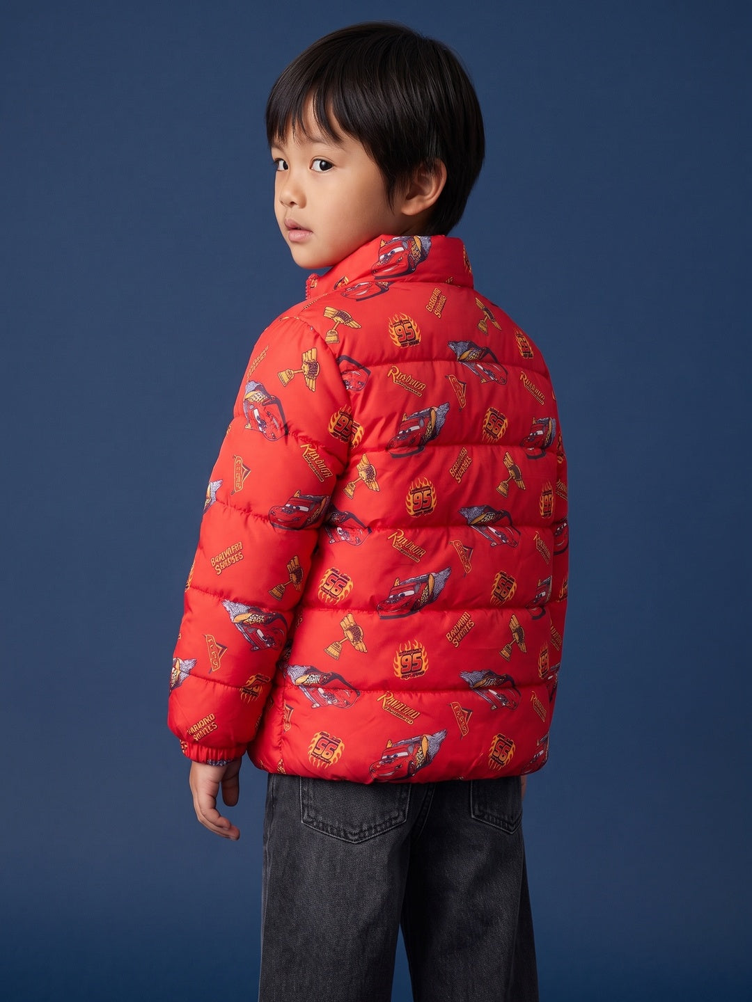 Nautinati Boys Disney Cars Printed Hooded Red Puffer Jacket with Detachable Hood