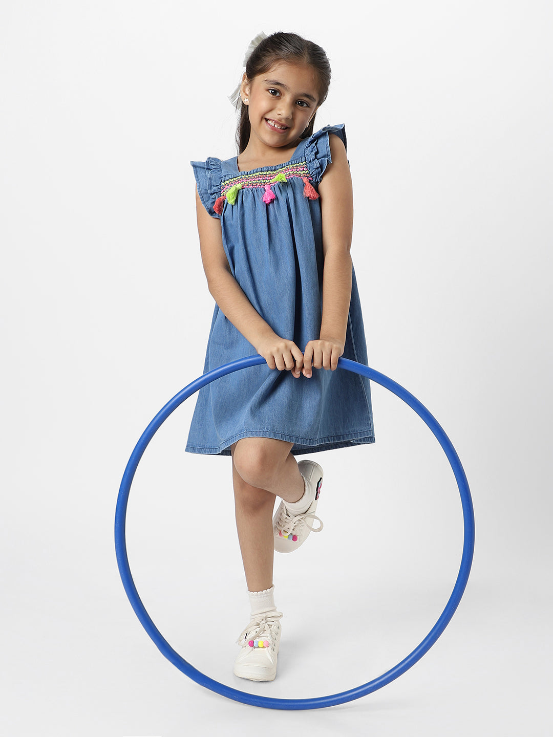 Nautinati Girls Embroidered Taselled Sleeveless Casual Wear Denim Dress