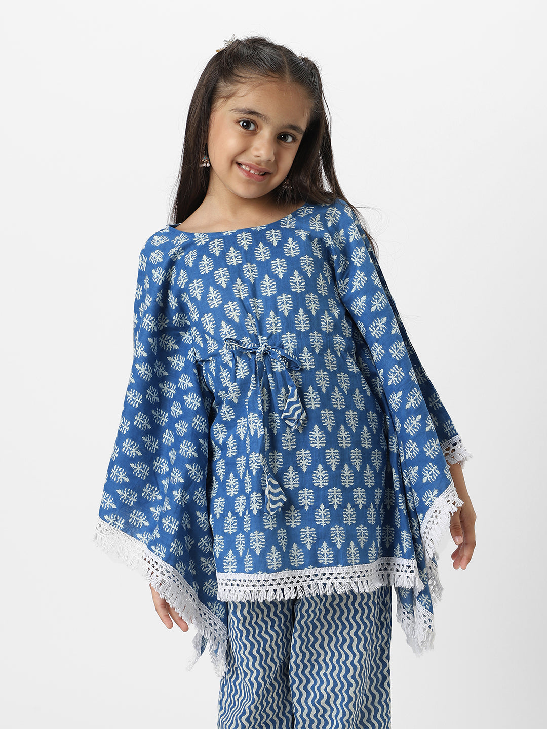 Nautinati Girl's Block Printed Blue Kaftaan Ethnic Set