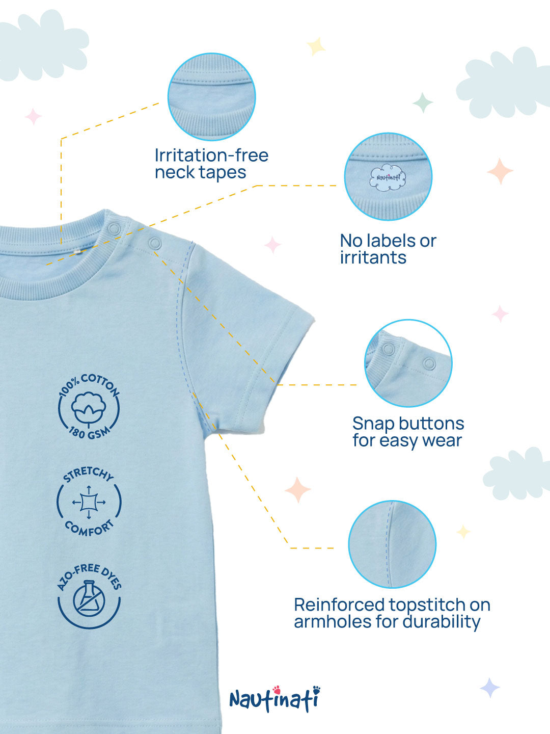 Nautinati Baby Boys' 100% Cotton Colourblock Typography Front & Back Print T-shirt