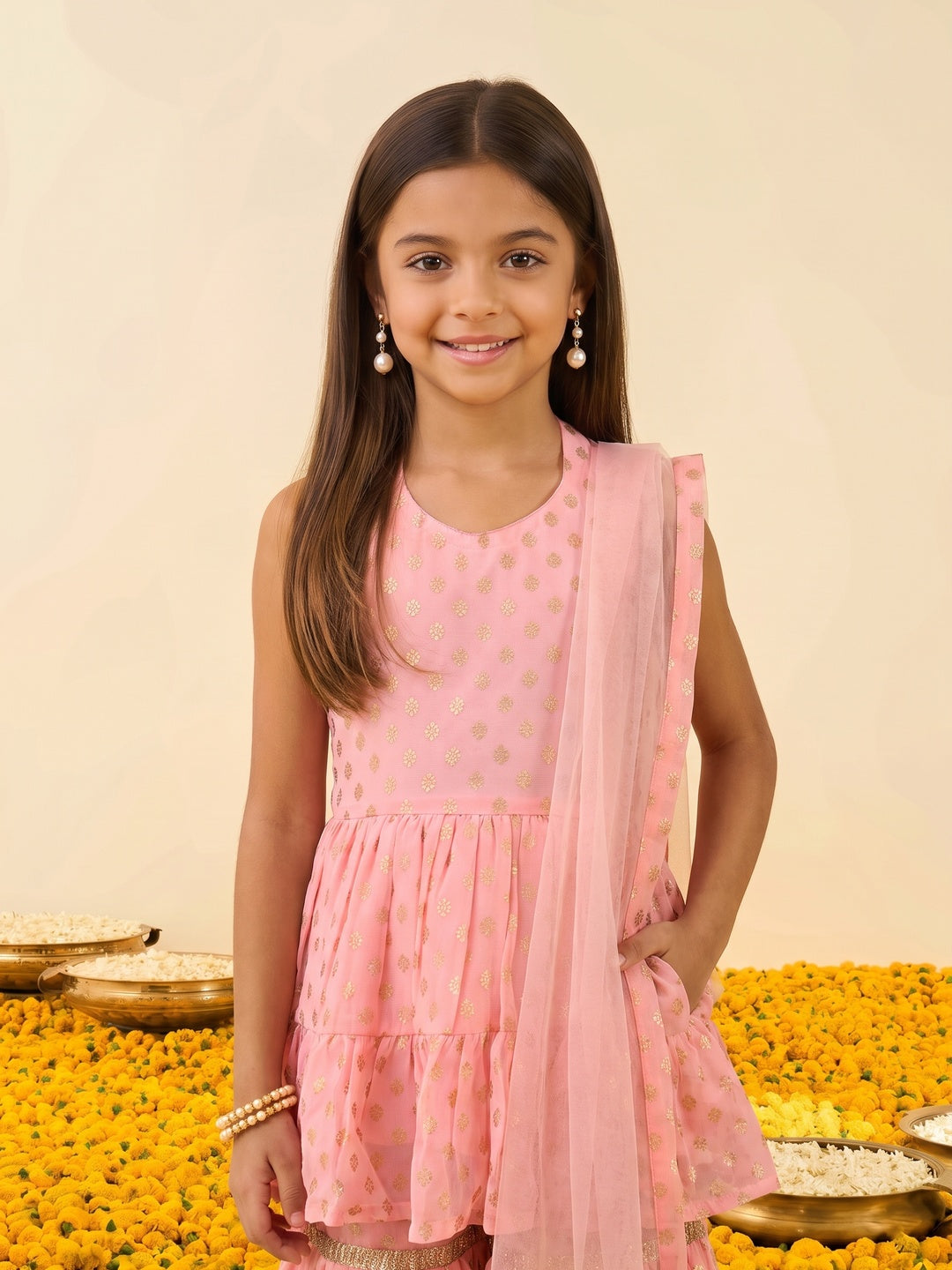 Nautinati Girls Foil Print Kurta and Sharara Set, 2-10Y
