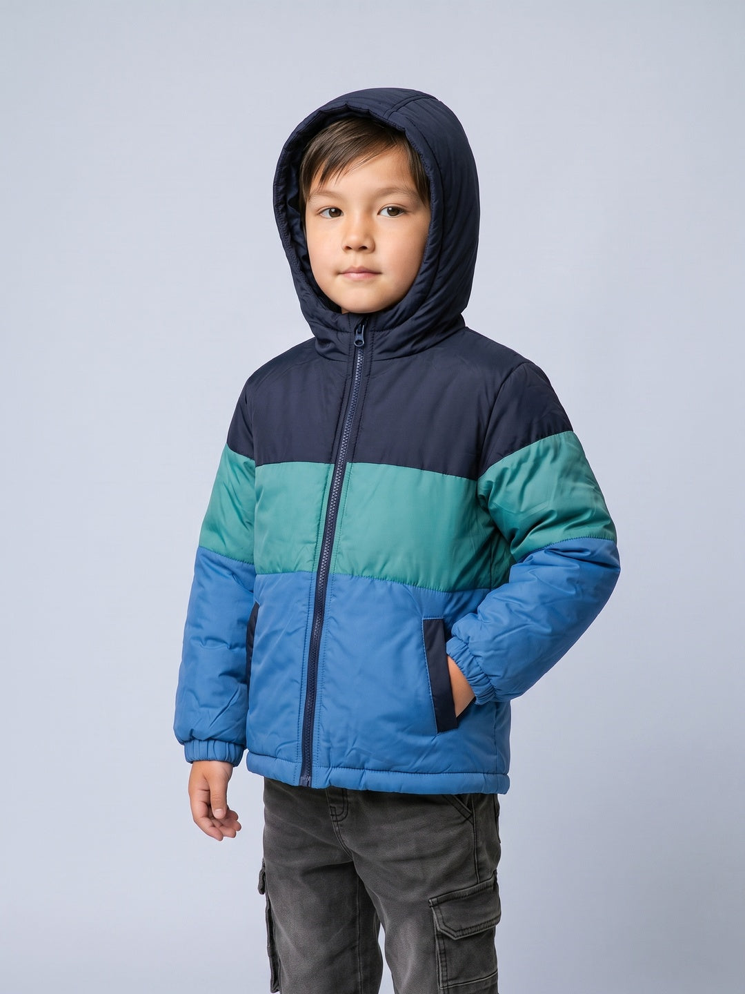 Nautinati Boys Hooded Colourblock Puffer Jacket with Front Zip, Regular Fit