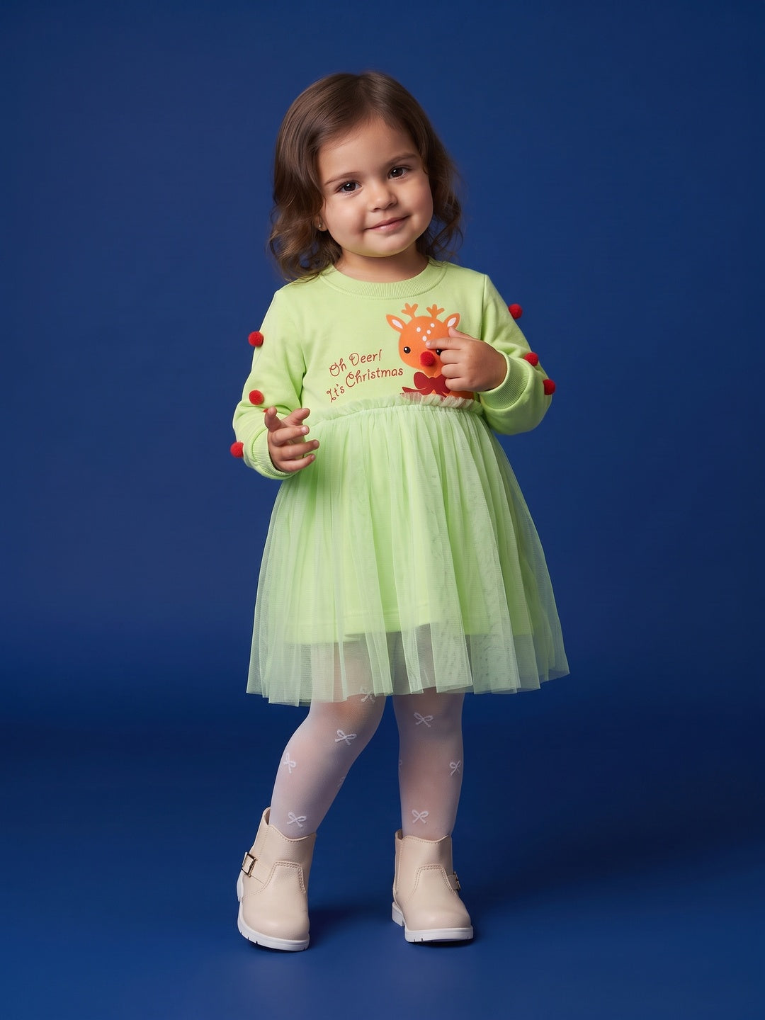 Nautinati Baby Girls Christmas Reindeer Sweatshirt Frock with Pom Pom Applique Sleeves