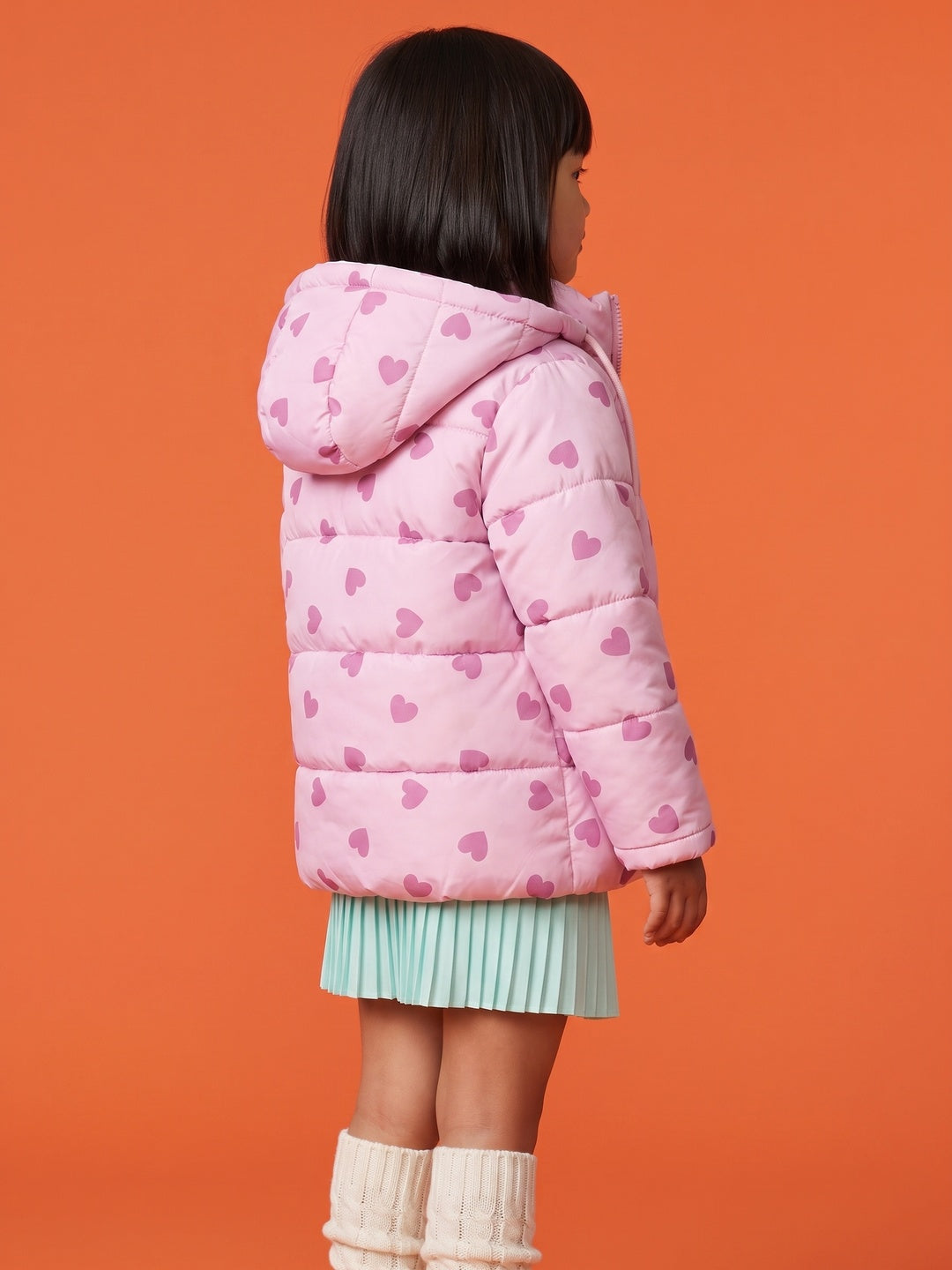Nautinati Girls Regular Fit Hooded Hearts Printed Puffer Jacket with Front Zip