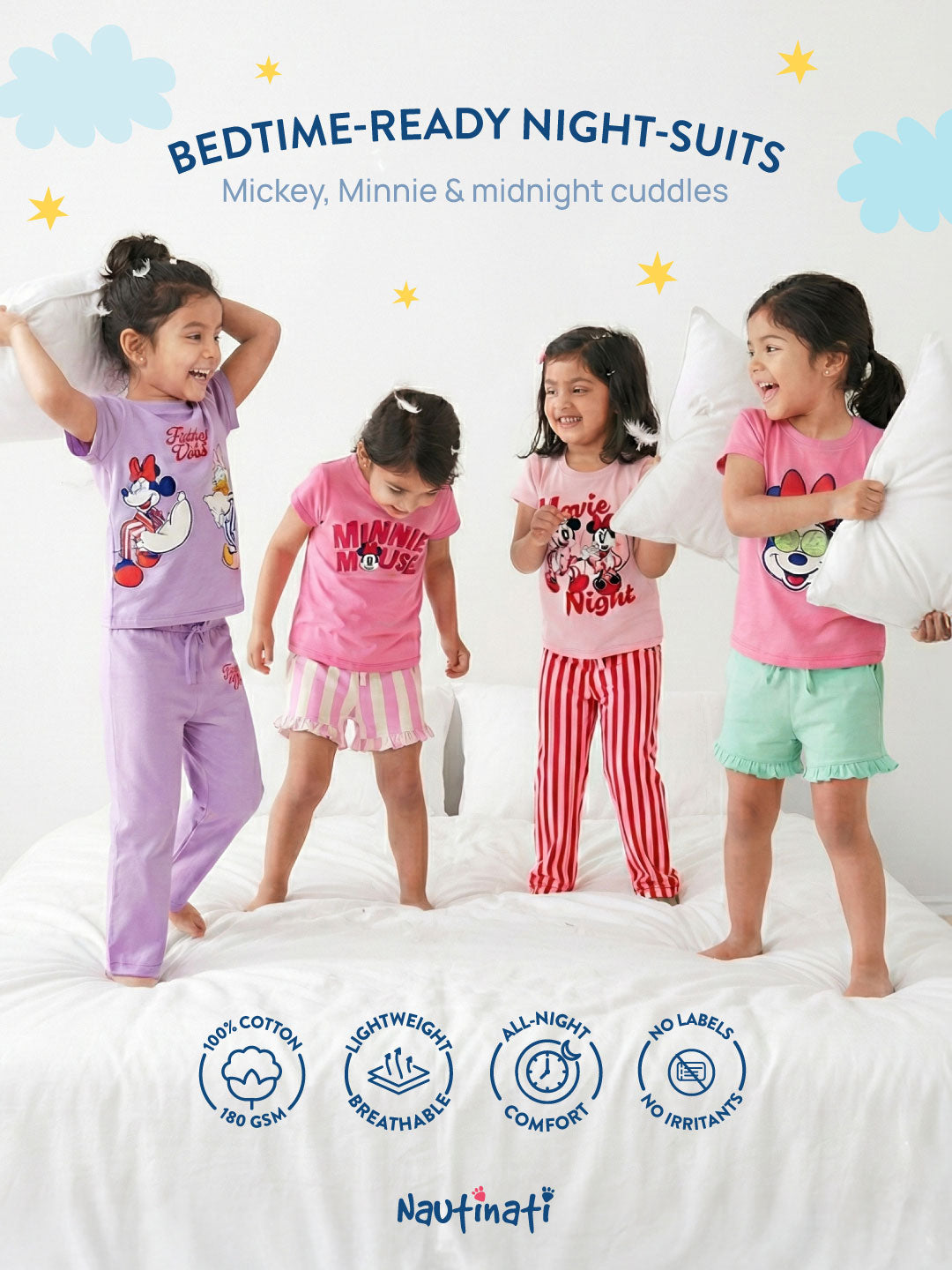 Nautinati Girls' 100% Cotton Disney Minnie Mouse Printed T-shirt and Shorts Night Suit Set