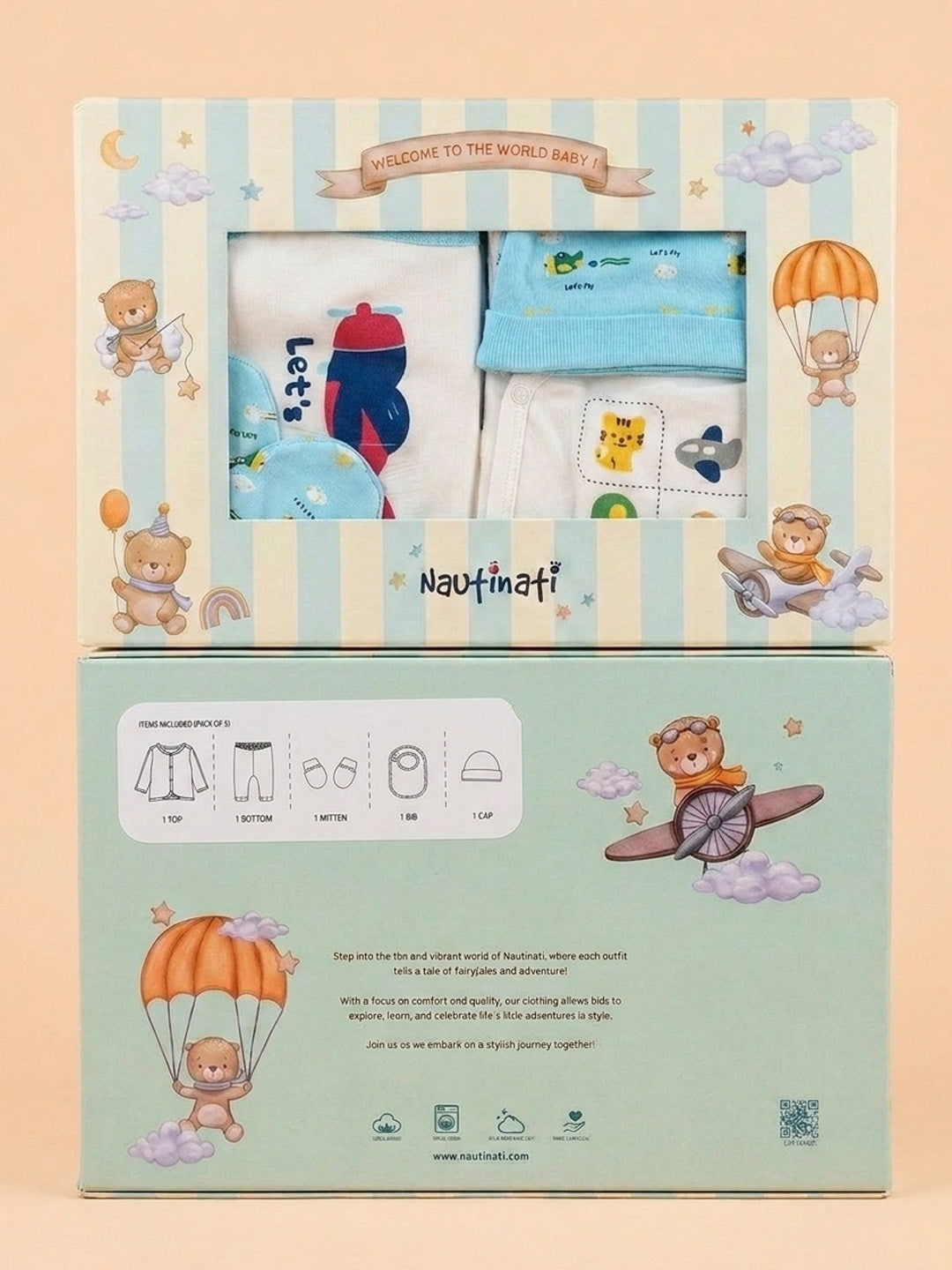 Nautinati Baby Boys Pure Cotton Summer themed Printed 5-pieces Gift Set