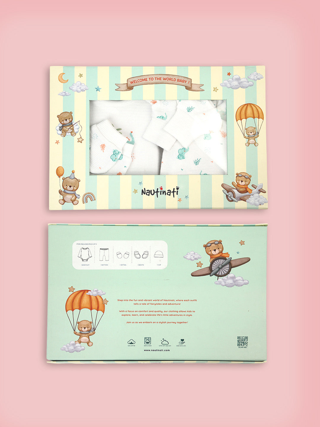 Nautinati Baby Boys' 100% Cotton White Graphic Printed 5-pieces Gift Set