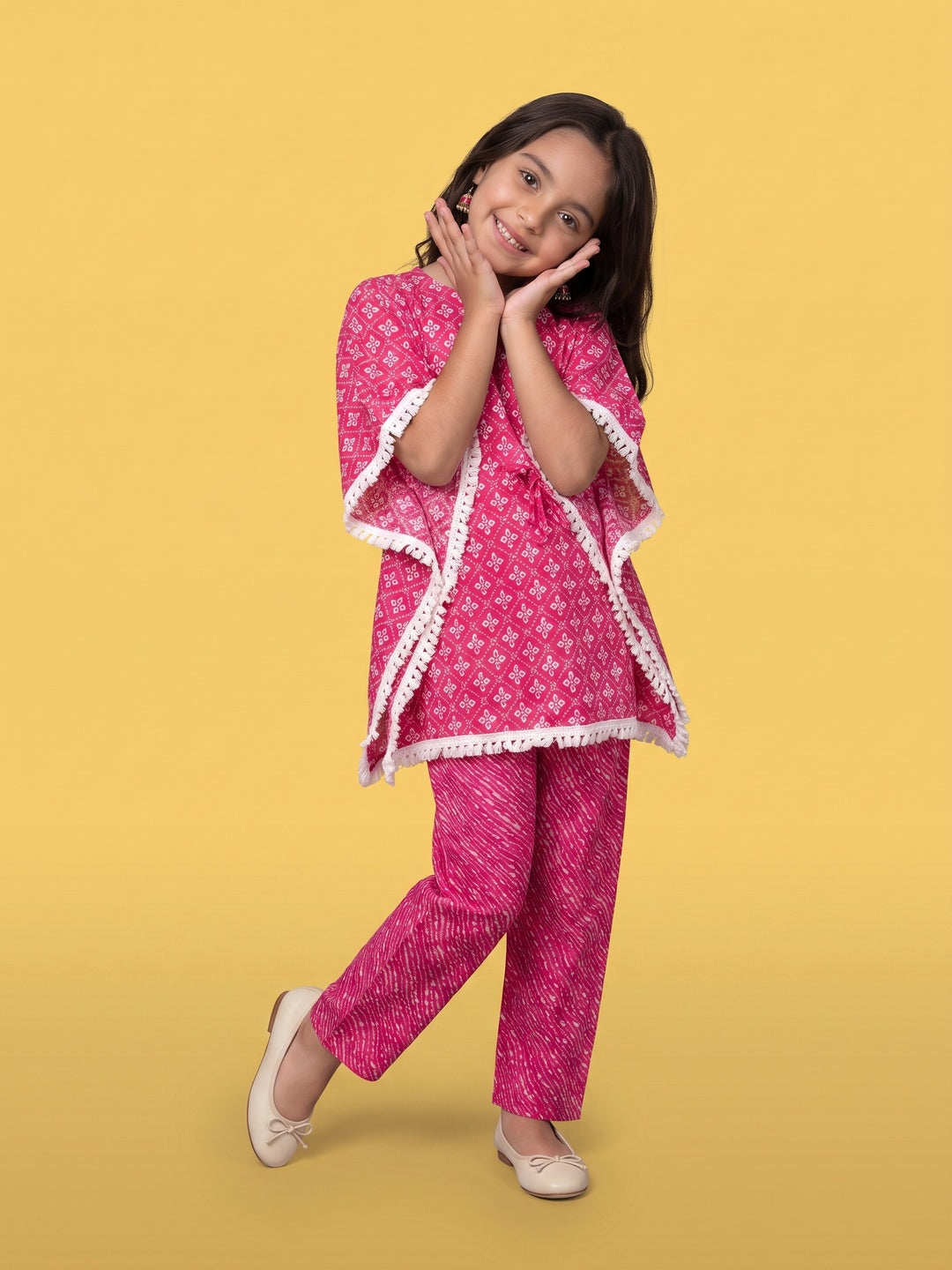 Nautinati Girls Pink Block Print Kaftan and Palazzo Set, 2-10Y
