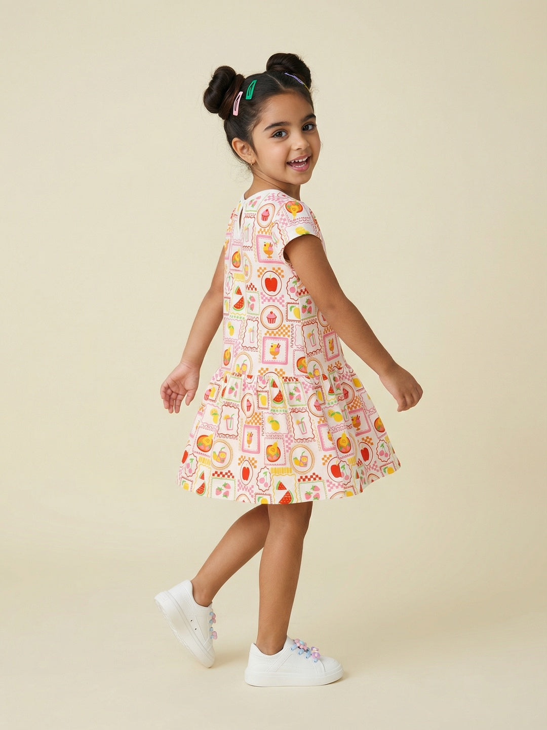 Nautinati Girls' 100% Cotton Pack of 2 A-line Drop Waist Dresses with Dessert theme Striped Graphic & All-over Print