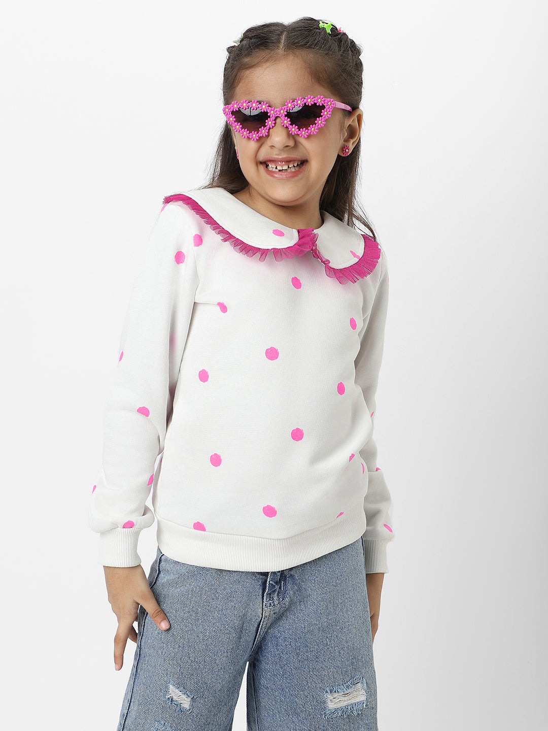 Nautinati Girls Snow White Dot Printed Ruffle Sweatshirt With Sling Bag