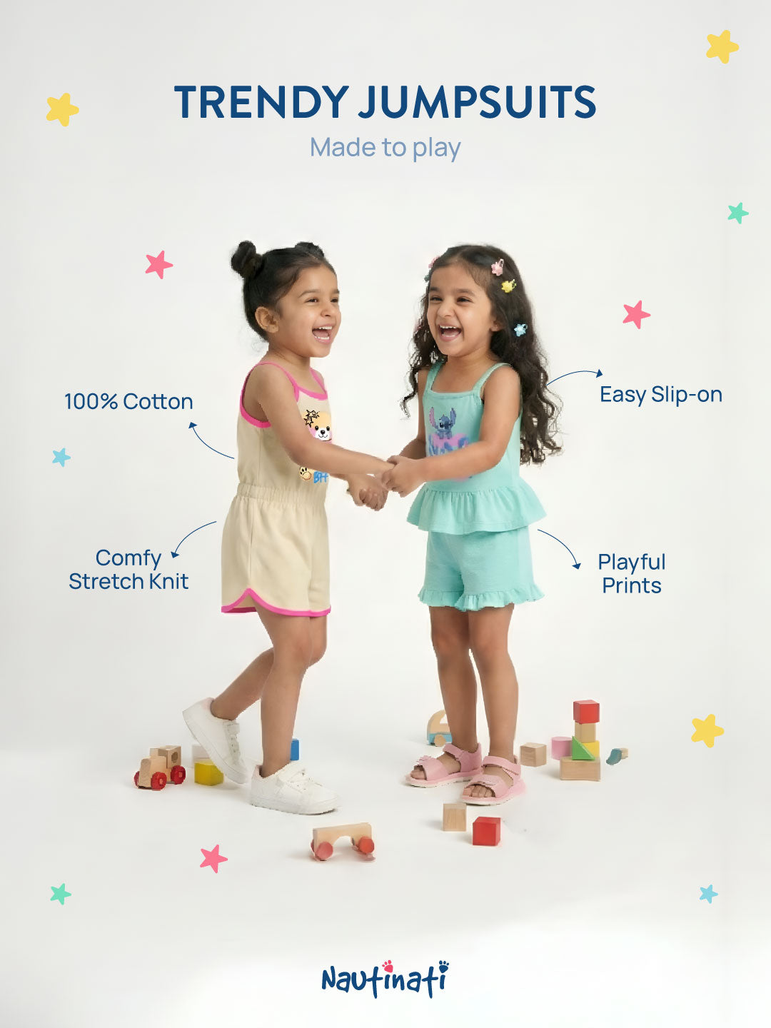 Nautinati Girls' 100% Cotton Disney Lilo & Stitch Print Jumpsuit with Ruffle Details