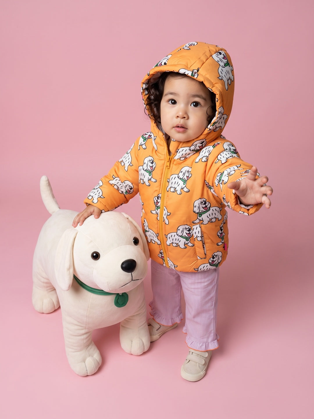 Nautinati Baby Girls Regular Fit Hooded Dog Printed Puffer Jacket with Front Zip
