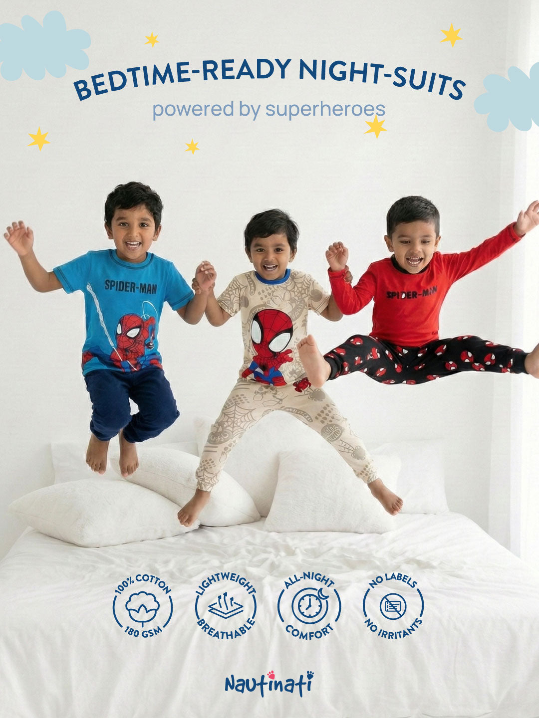 Nautinati Boys' 100% Cotton Night Suit with Marvel Spiderman Hem Print T-shirt & Solid Joggers