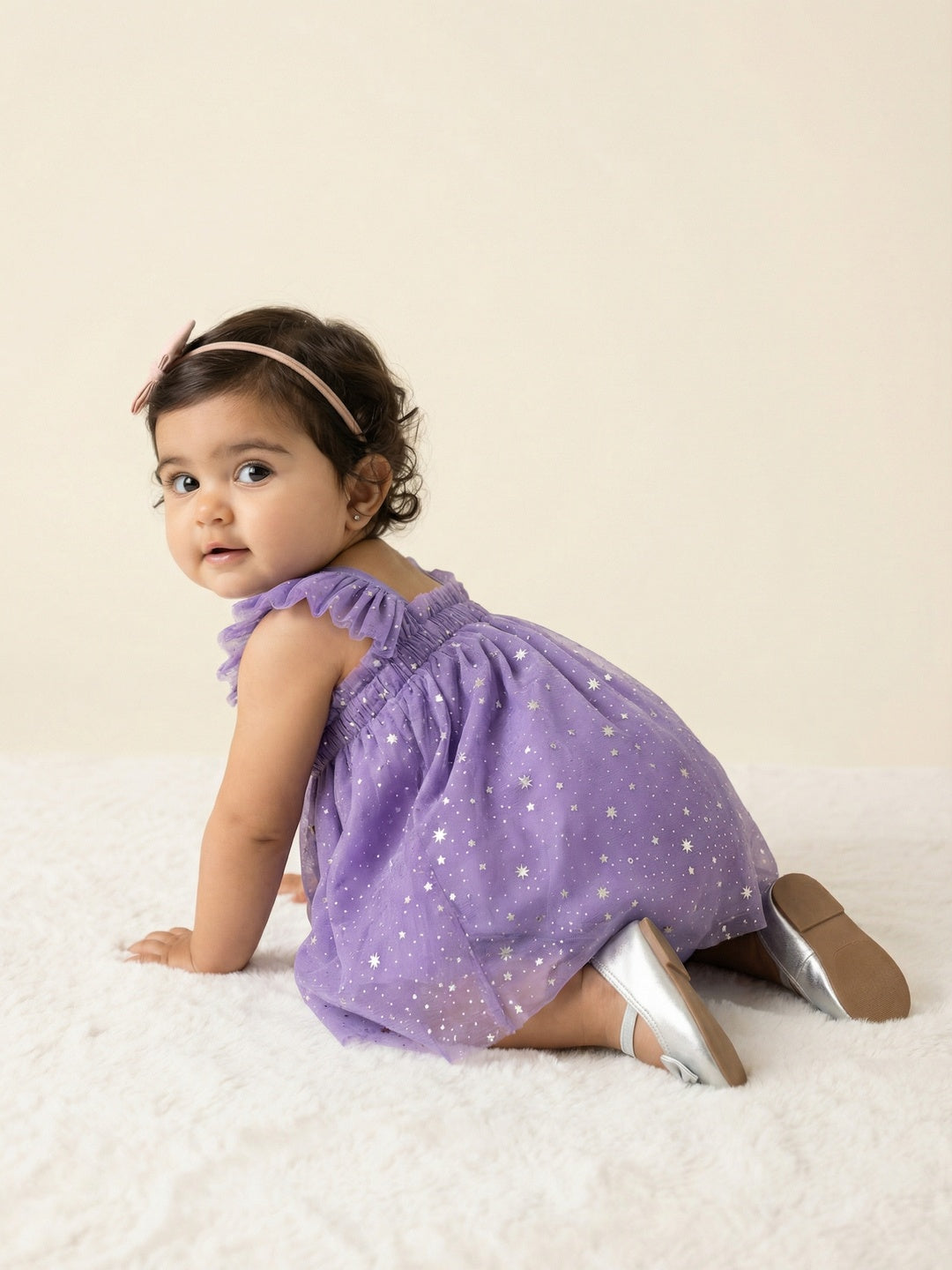 Nautinati Baby Girls' A-line Holographic All-over Star Foil Print Mesh Party Dress with Sequinned Bow
