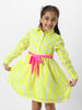 Nautinati Girls Yellow Striped Full Sleeves Collar Neck Casual Wear Knee Length Dress