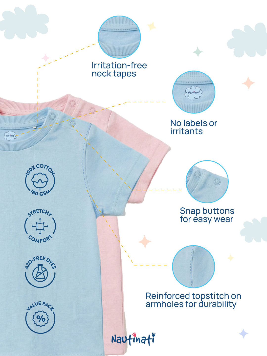 Nautinati Baby Boys' 100% Cotton Pack of 2 Dinosaur Print Crew Neck T-shirts