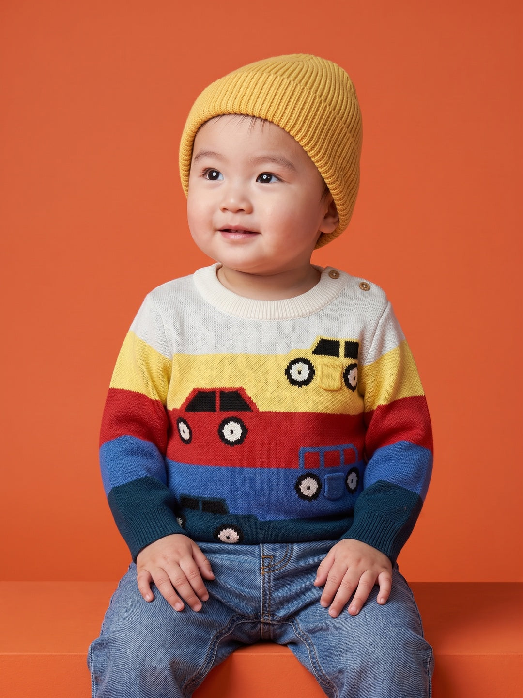 Nautinati Baby Boys Car Knit Sweater with Appliques and Button Closure