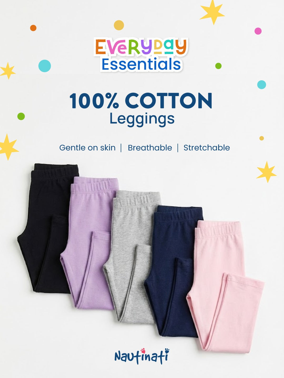 Nautinati Girls' 100% Cotton Pack of 2 Flared Fit Solid Essentials Leggings