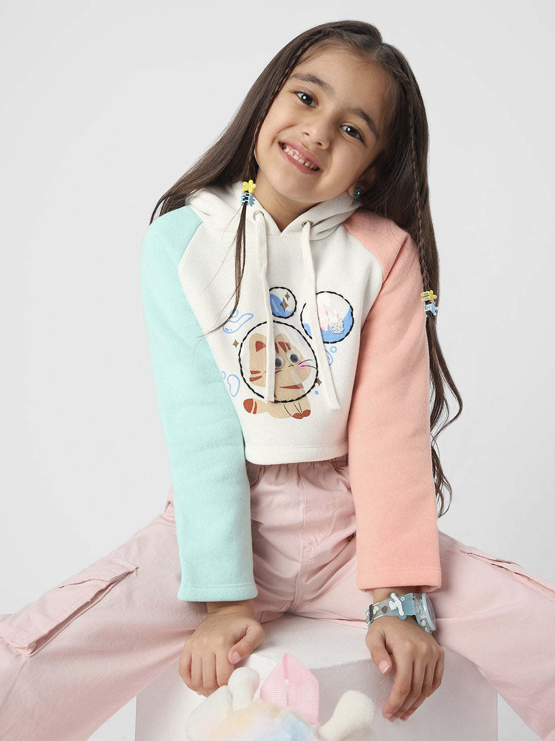 Girls Printed Cropped Sweatshirt With Colourblock Sleeves