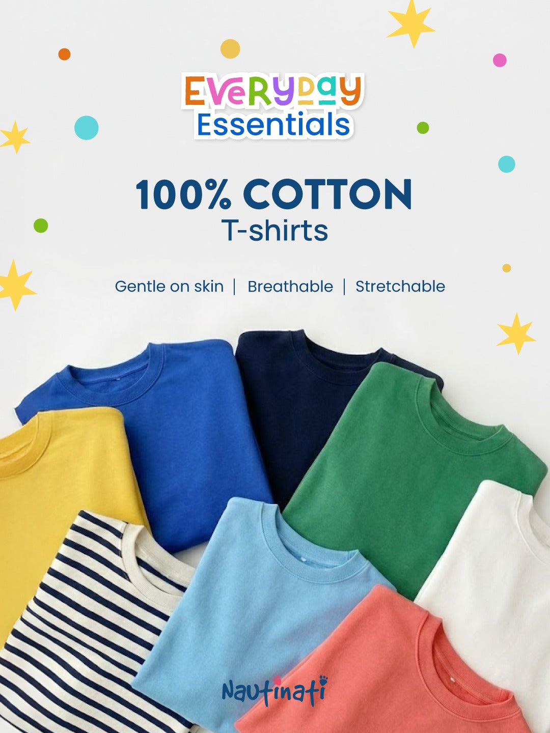 Nautinati Boys' 100% Cotton Pack of 2 Solid & Striped Essentials Crew Neck T-shirts